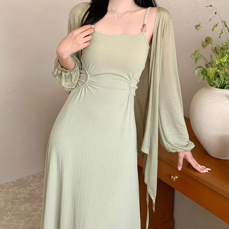 Sunscreen cardigan with suspender dress set two women's summer tops and skirts LL-375
