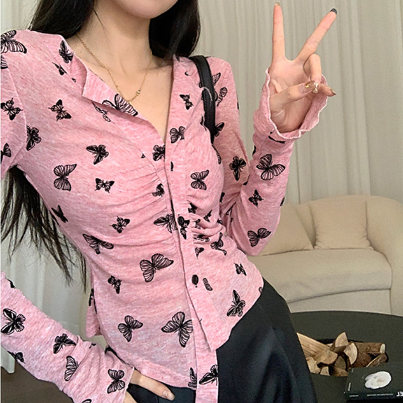 Butterfly long sleeve T-shirt women's spring slim sweet spicy design V-neck cropped top trendy LL-572