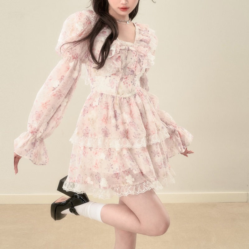 Summer dress flower dress floral suspender cardigan fairy style LL-179