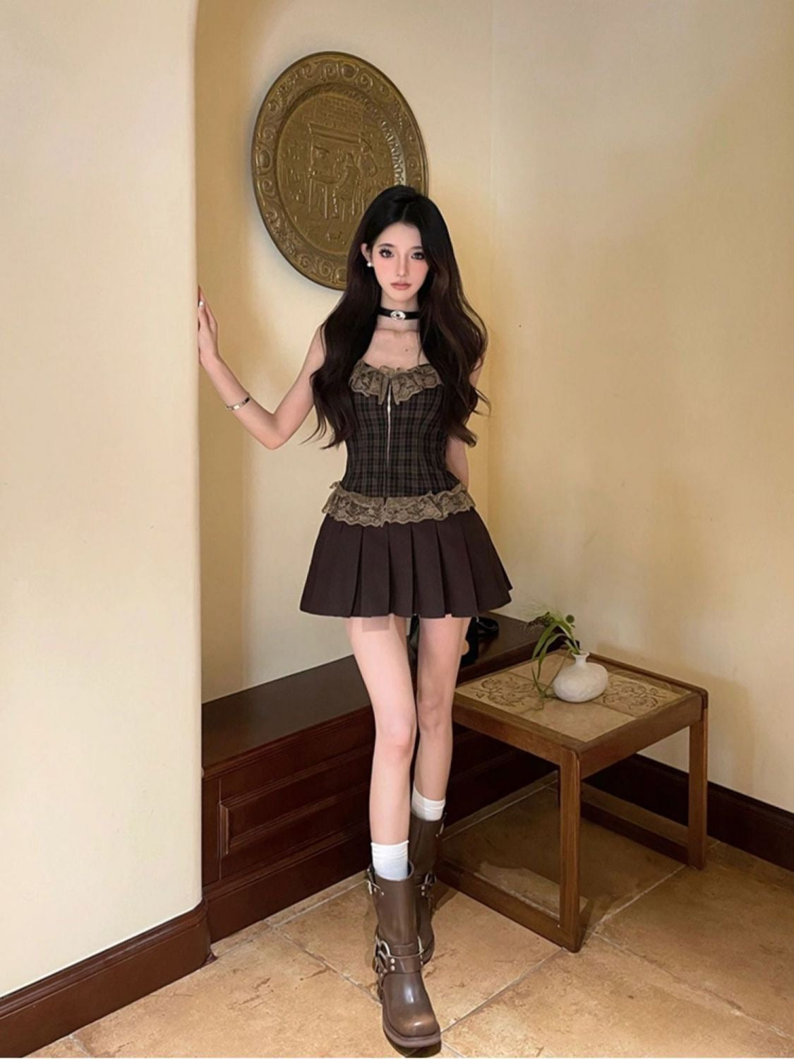 2024 American Retro Lace Spliced Plaid Tube Skirt Women's Autumn Plus Size Hot Girl Pleated Skirt LL-704