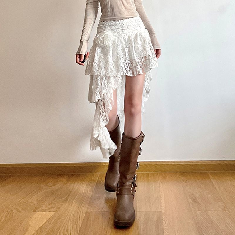 2024 European and American high-end lace rose skirt women's short asymmetrical hem pleated skirt LL-705