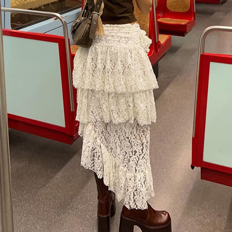 2024 European and American high-end lace rose skirt women's short asymmetrical hem pleated skirt LL-705