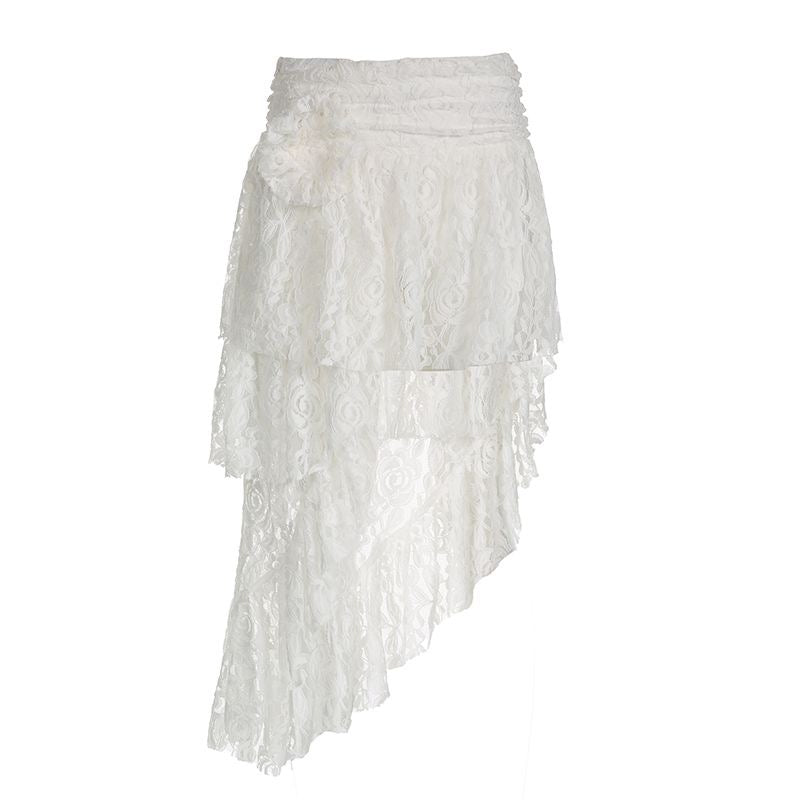 2024 European and American high-end lace rose skirt women's short asymmetrical hem pleated skirt LL-705