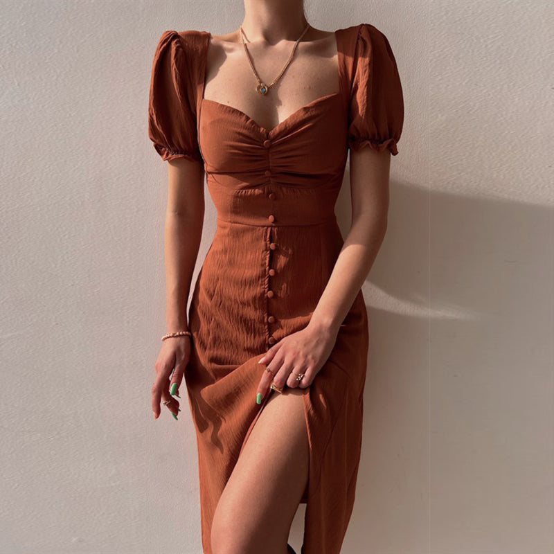 Summer new square neck single-breasted temperament long dress LL-230