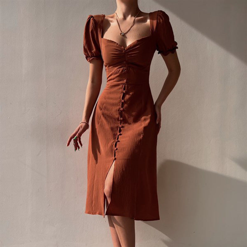 Summer new square neck single-breasted temperament long dress LL-230