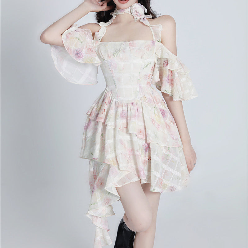 Ballet Style French Rose Fragmented Flower Hanging Neck Flower Dress LL-186