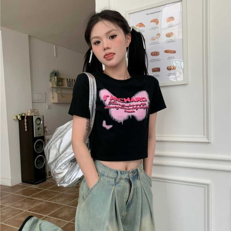 Black Peach Heart Shoulder T-shirt Campus Style LL-557