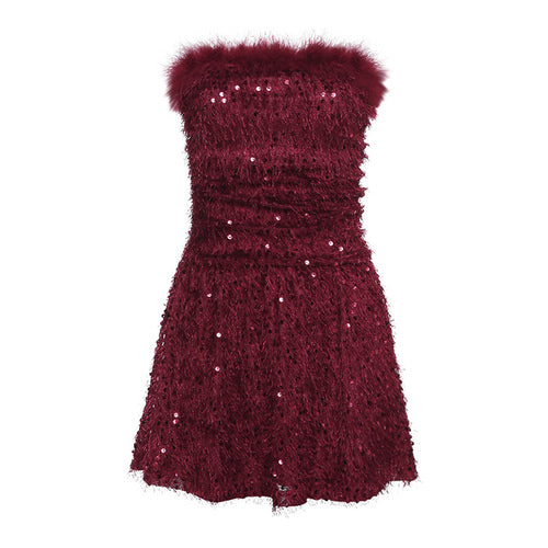 Premium sequin bandeau dress women's pleated waist shows thin babes short skirt autumn LL-686