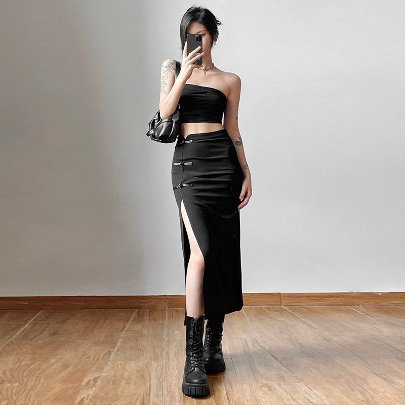 Retro Split Black Half Skirt Women's Design Slim Wrap Hip Mid length Dress LL-564