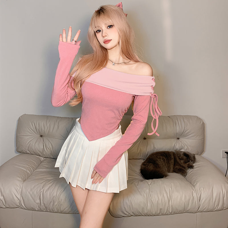 Sweetheart Spice Girl Off-the-Shoulder Long-Sleeve T-shirt Design for Women Pure Desire and Sexy Short Top LL-613