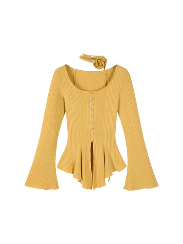 Slightly plump U-neck lace up decorative flower waistband curved fishtail top LL-535