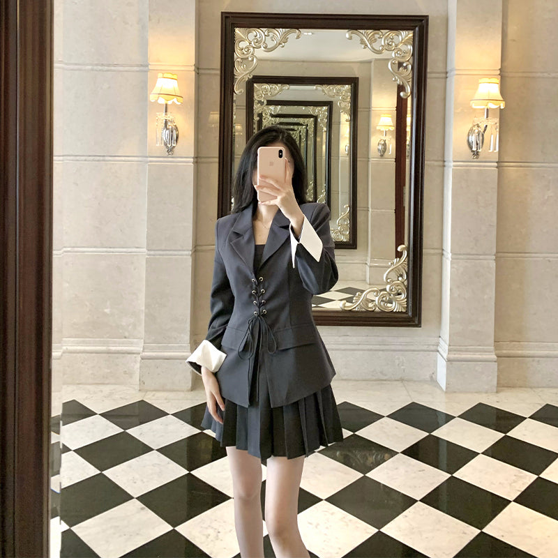 Grey design suit jacket pleated skirt half skirt fashionable set LL-614