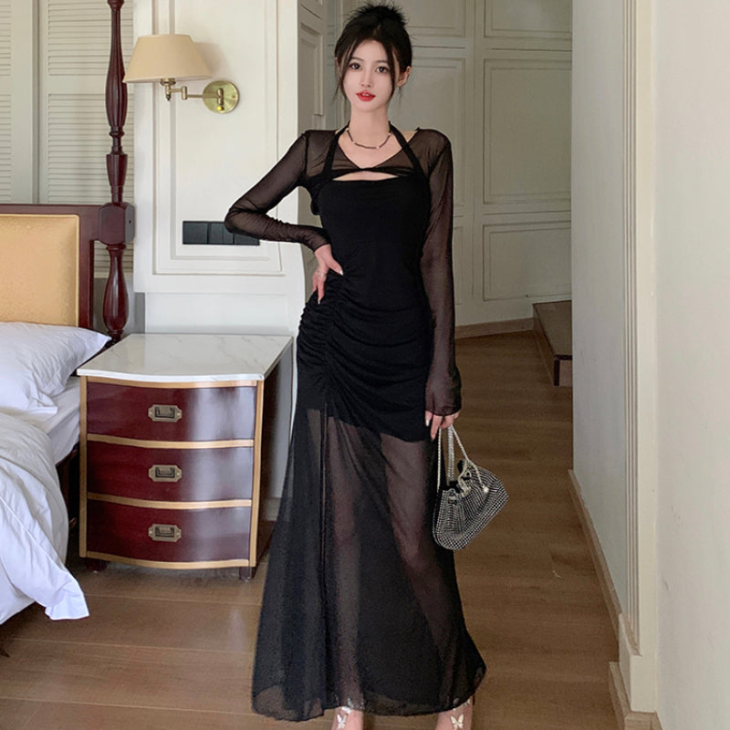 Pure desire dress female 2023 new spice girl sexy slit gauze dress LL-558