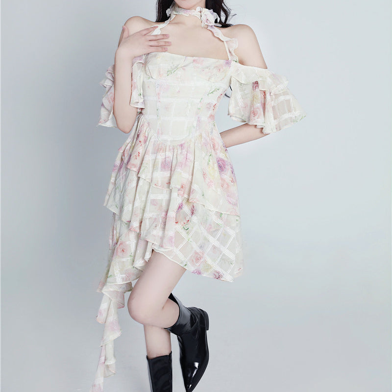 Ballet Style French Rose Fragmented Flower Hanging Neck Flower Dress LL-186
