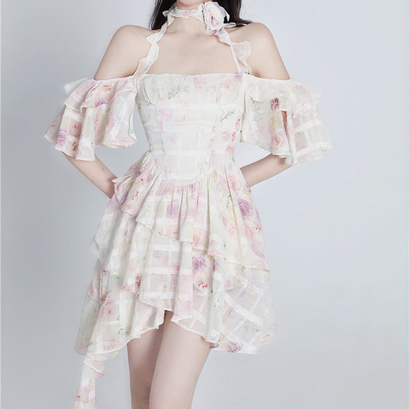 Ballet Style French Rose Fragmented Flower Hanging Neck Flower Dress LL-186