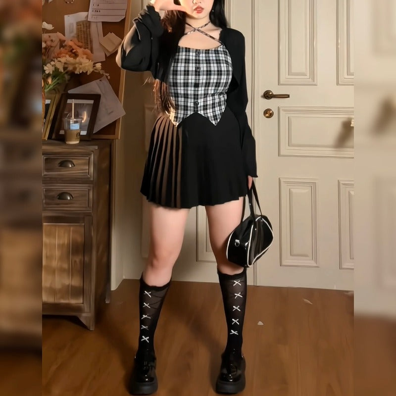 Cool girl dress oufit design sense cardigan + suspenders + skirt three-piece set LL-065