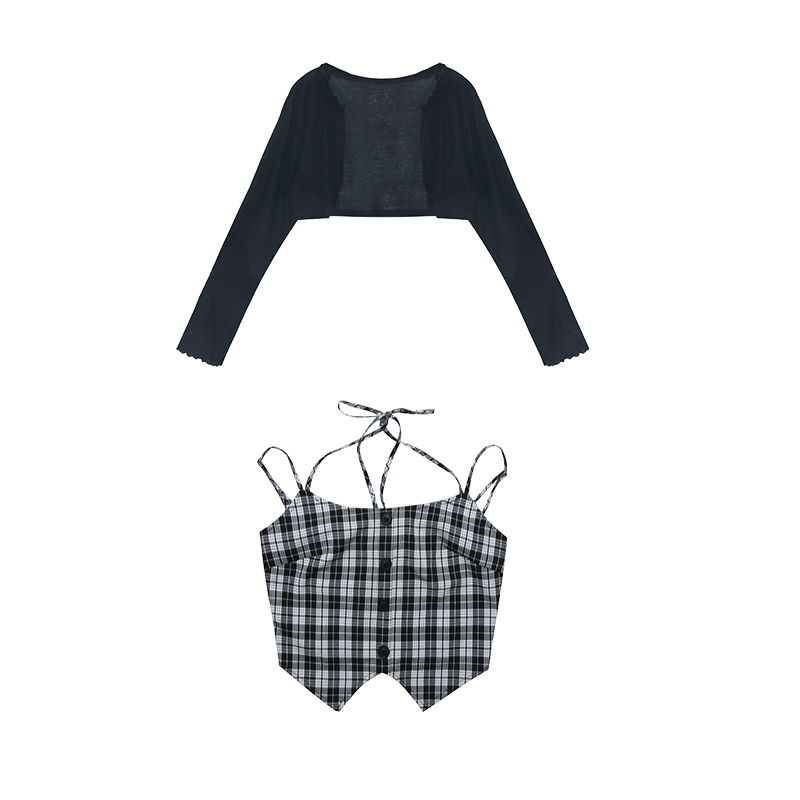 Cool girl dress oufit design sense cardigan + suspenders + skirt three-piece set LL-065