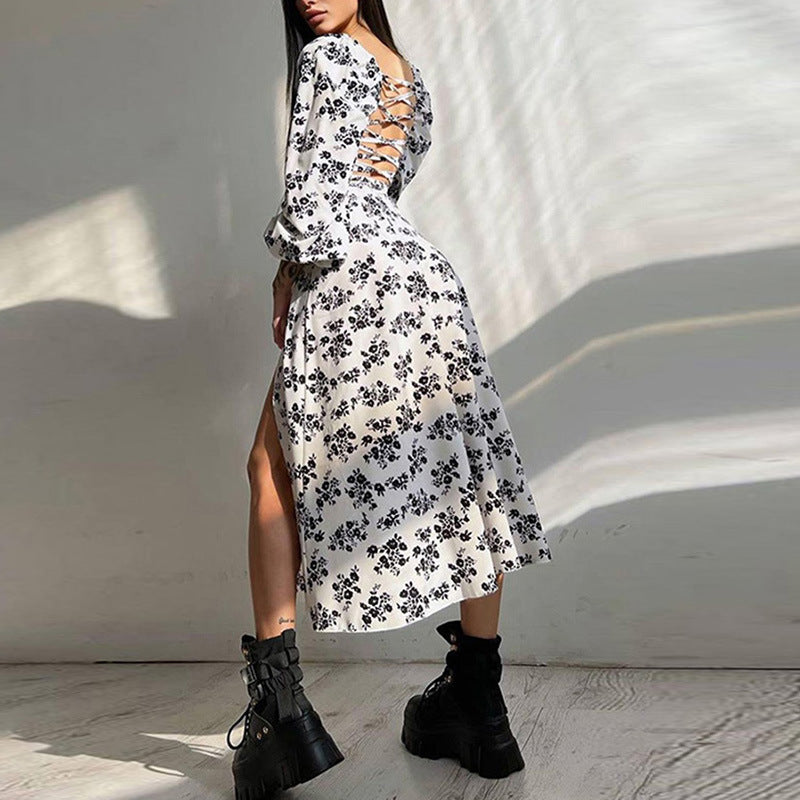 Spring women's dress square neck long slit dress women LL-056