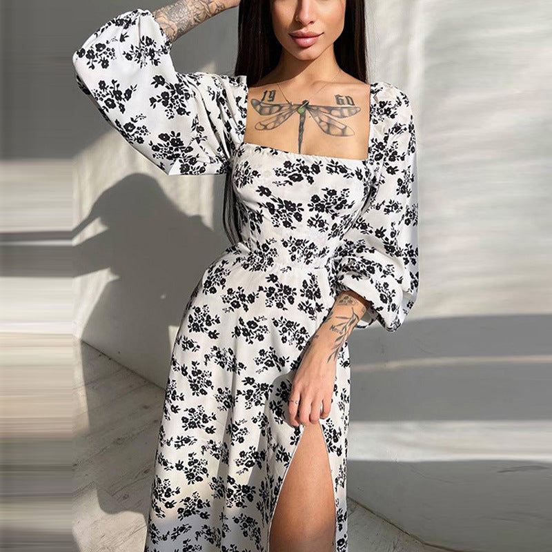Spring women's dress square neck long slit dress women LL-056
