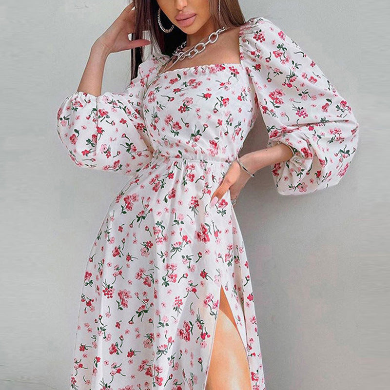 Spring women's dress square neck long slit dress women LL-056