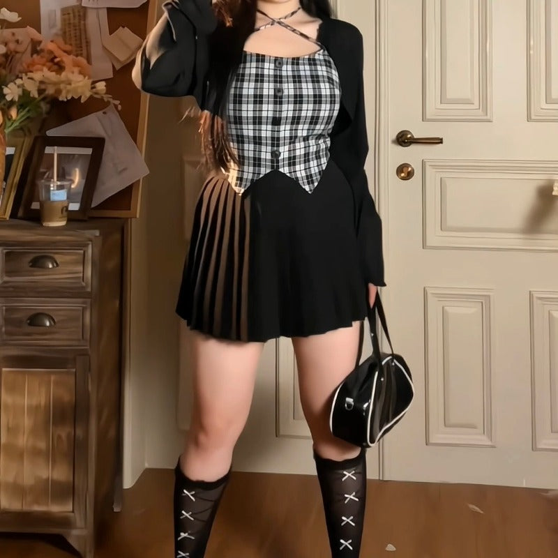 Cool girl dress oufit design sense cardigan + suspenders + skirt three-piece set LL-065