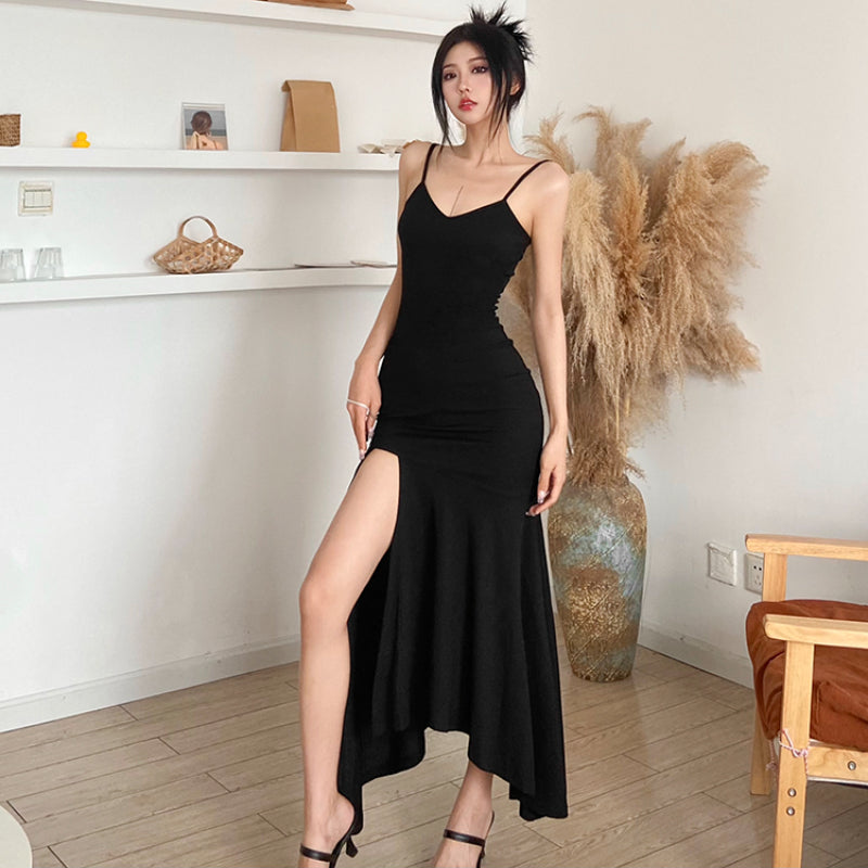 [TOP3]French Spicy Girl Black Strap Dress Design Sense Fishtail Long Dress LL-422