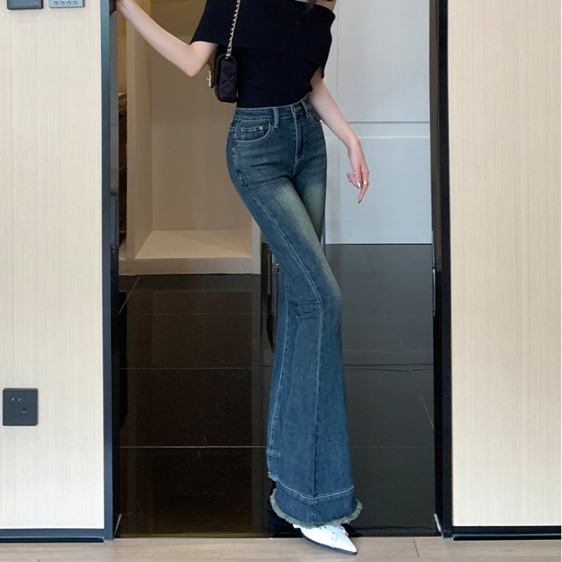 The design temperament shows thin flared floor jeans women's casual trousers slightly stretchy LL-625