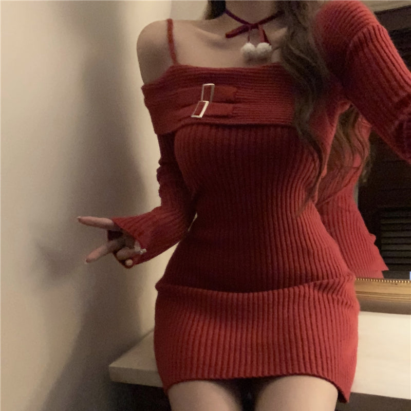 Knitted dress women's autumn winter sexy christmas red hip sweater skirt LL-692