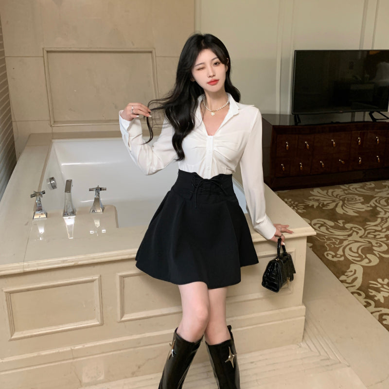 Sweet and Spicy Set Women's Autumn Fashionable Age Reducing White Shirt High Waist Half Skirt Two Piece Set LL-631