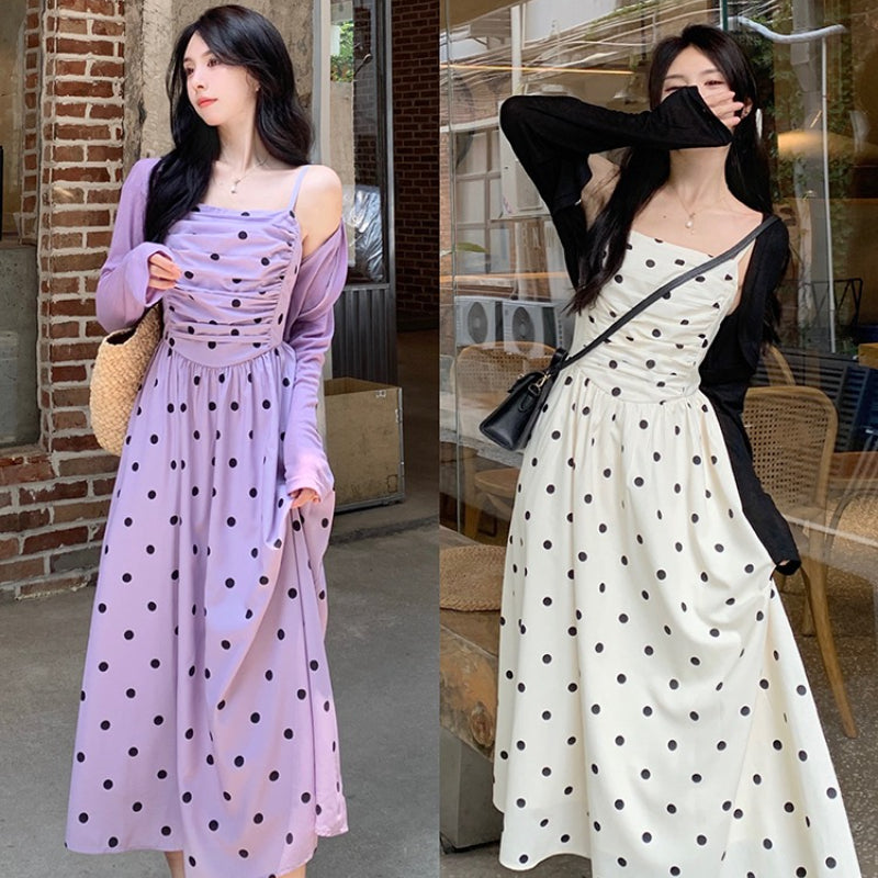 French polka dot strap dress, cardigan set, popular 2023 dress for women's summer LL-545