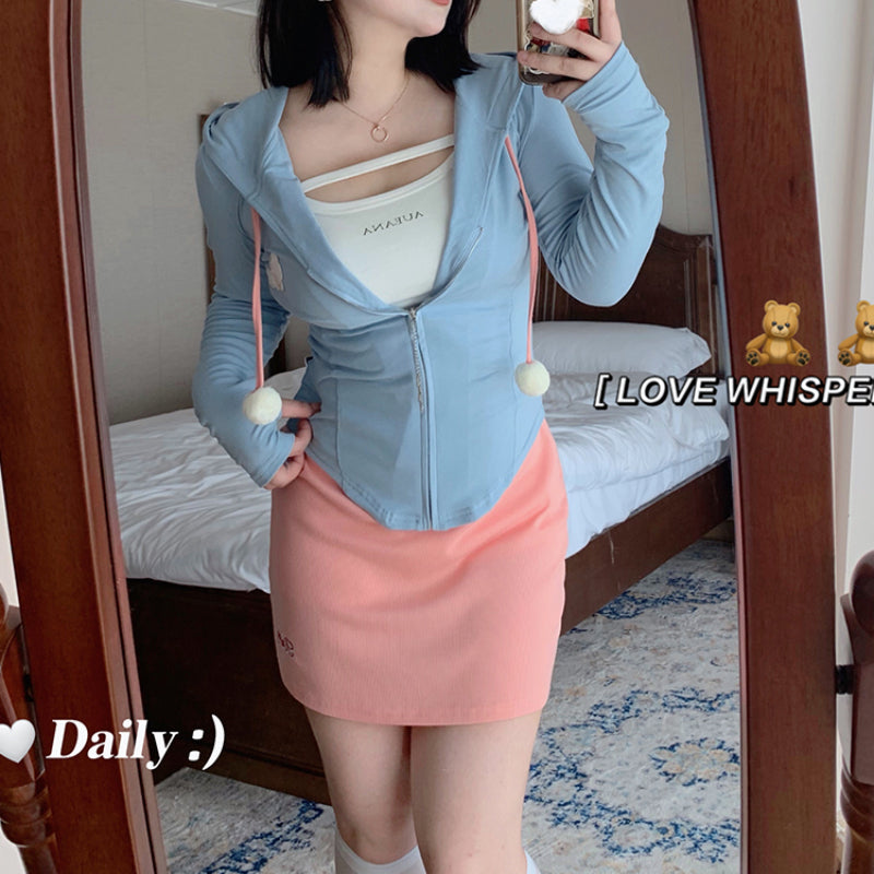 Pink and Blue Sunscreen Shirt Set Pure Desire Hooded Long Sleeve Cardigan Coat Half Skirt LL-519