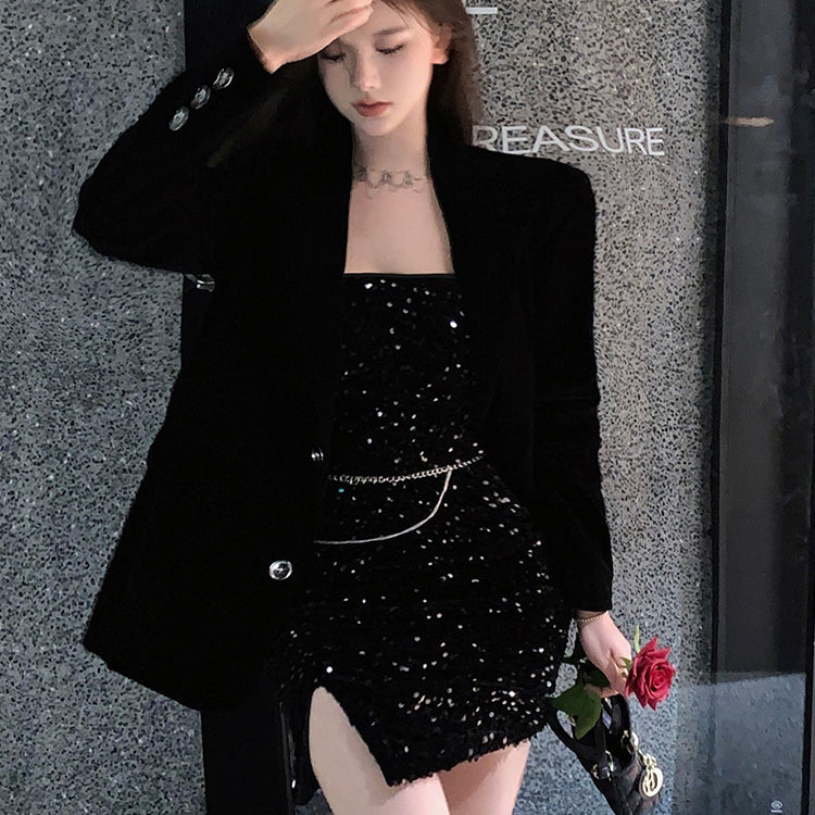 Black high-quality sweet and spicy sequined bandeau hip slip dress + two blazers LL-685