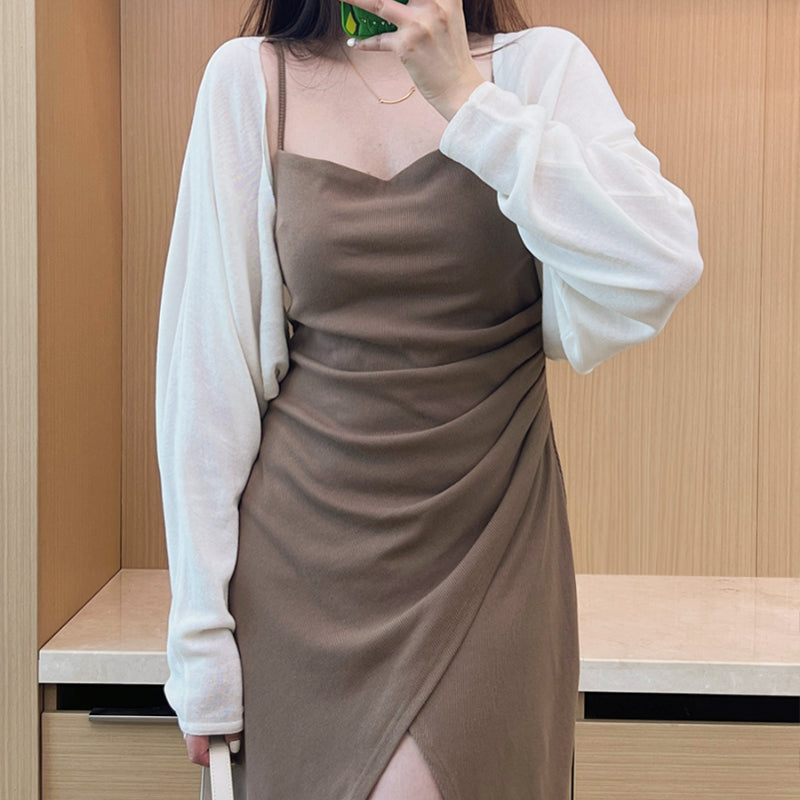 Solid color suspender dress high waist slit+summer cardigan dolman sleeve LL-718