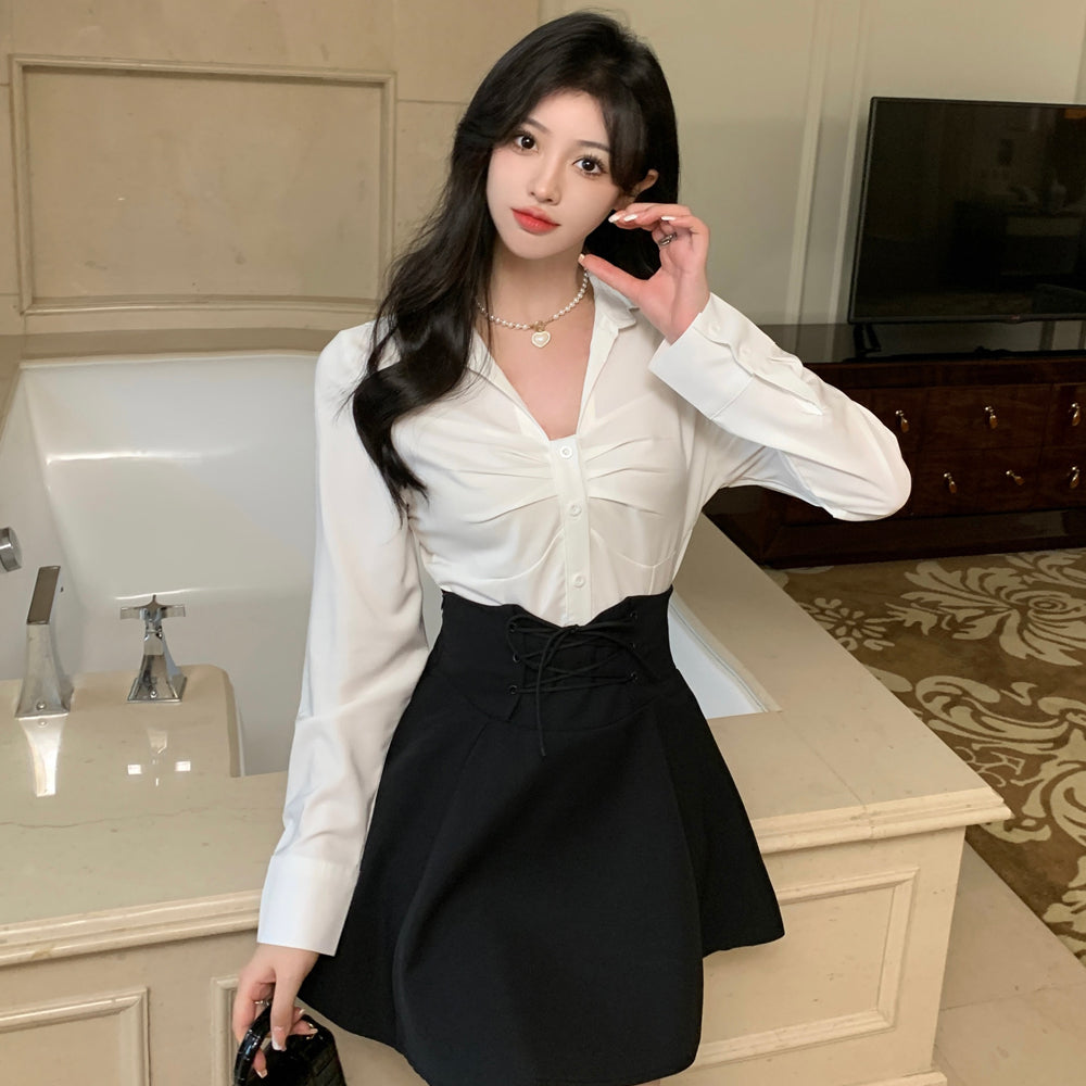 Sweet and Spicy Set Women's Autumn Fashionable Age Reducing White Shirt High Waist Half Skirt Two Piece Set LL-631