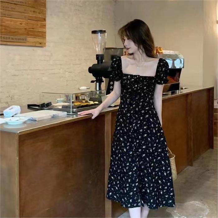 Luna flower sea floral mid-length summer gentle dress black dress LL-131