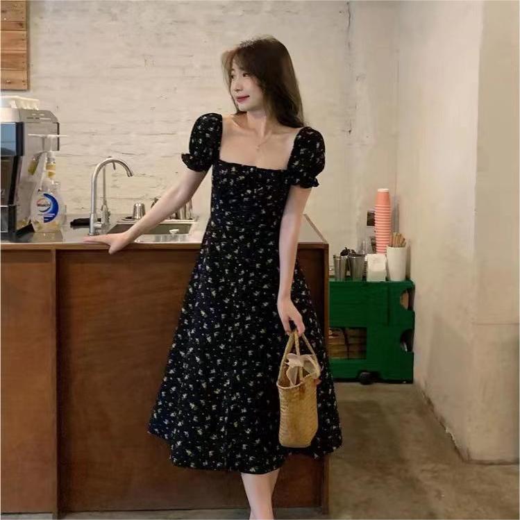 Luna flower sea floral mid-length summer gentle dress black dress LL-131