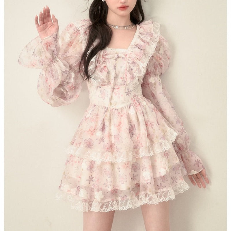 Summer dress flower dress  floral suspender cardigan fairy style LL-179