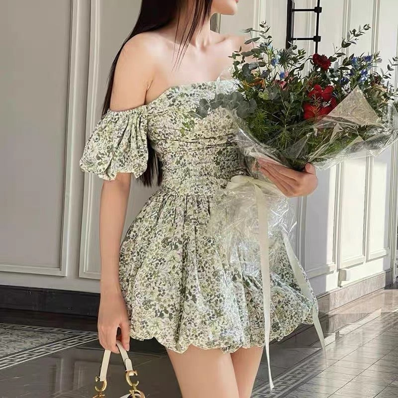 Flower bud dress pink grayish green cute dress LL-515