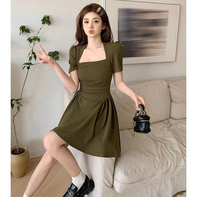 Matcha dress green black waist fold dress LL-516