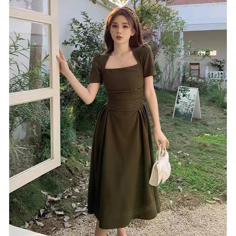 Matcha dress green black waist fold dress LL-516