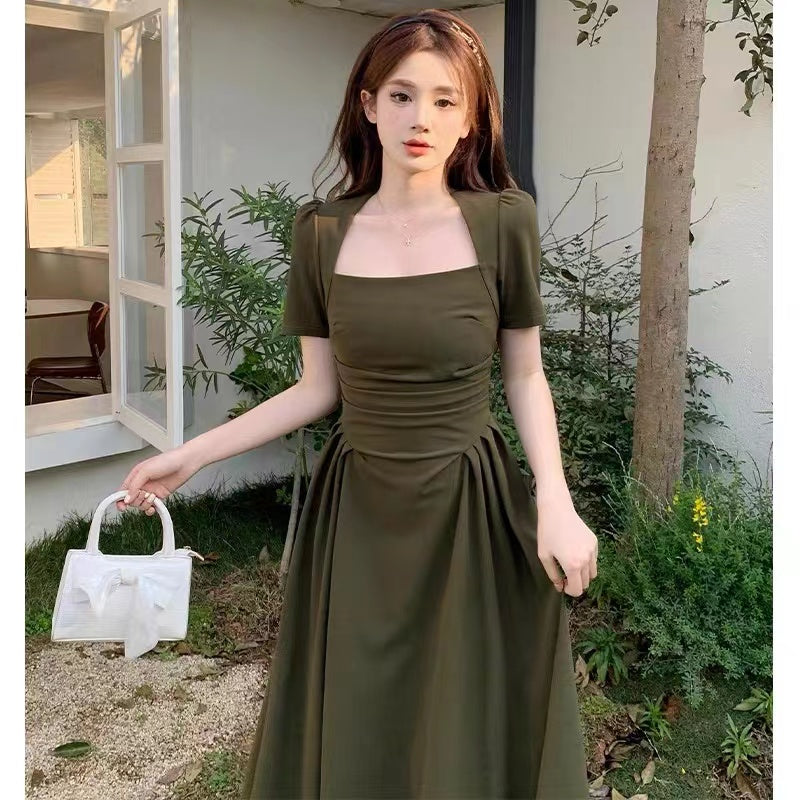 Matcha dress green black waist fold dress LL-516