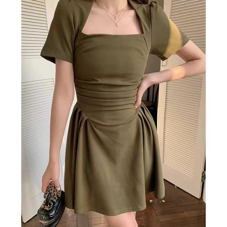 Matcha dress green black waist fold dress LL-516