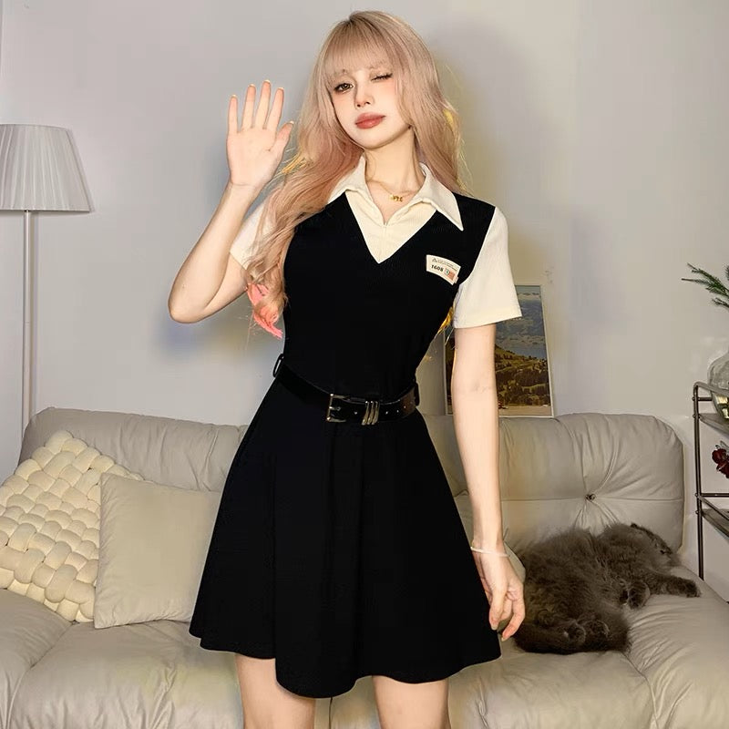 College style polo neck short sleeved fake two-piece dress for women in summer LL-517