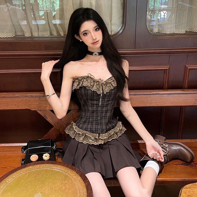 2024  American Retro Lace Spliced Plaid Tube Skirt Women's Autumn Plus Size Hot Girl Pleated Skirt  LL-704