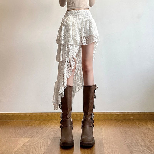 2024 European and American high-end lace rose skirt women's short asymmetrical hem pleated skirt  LL-705