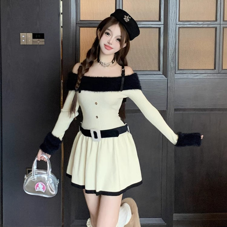 Knitted dress women autumn and winter pure desire spice girls pleated skirt sweater skirt LL-670