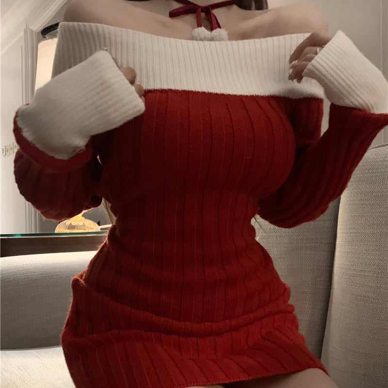 Sexy knitted dress autumn/winter pure lust slim fit christmas red dress for women LL-691