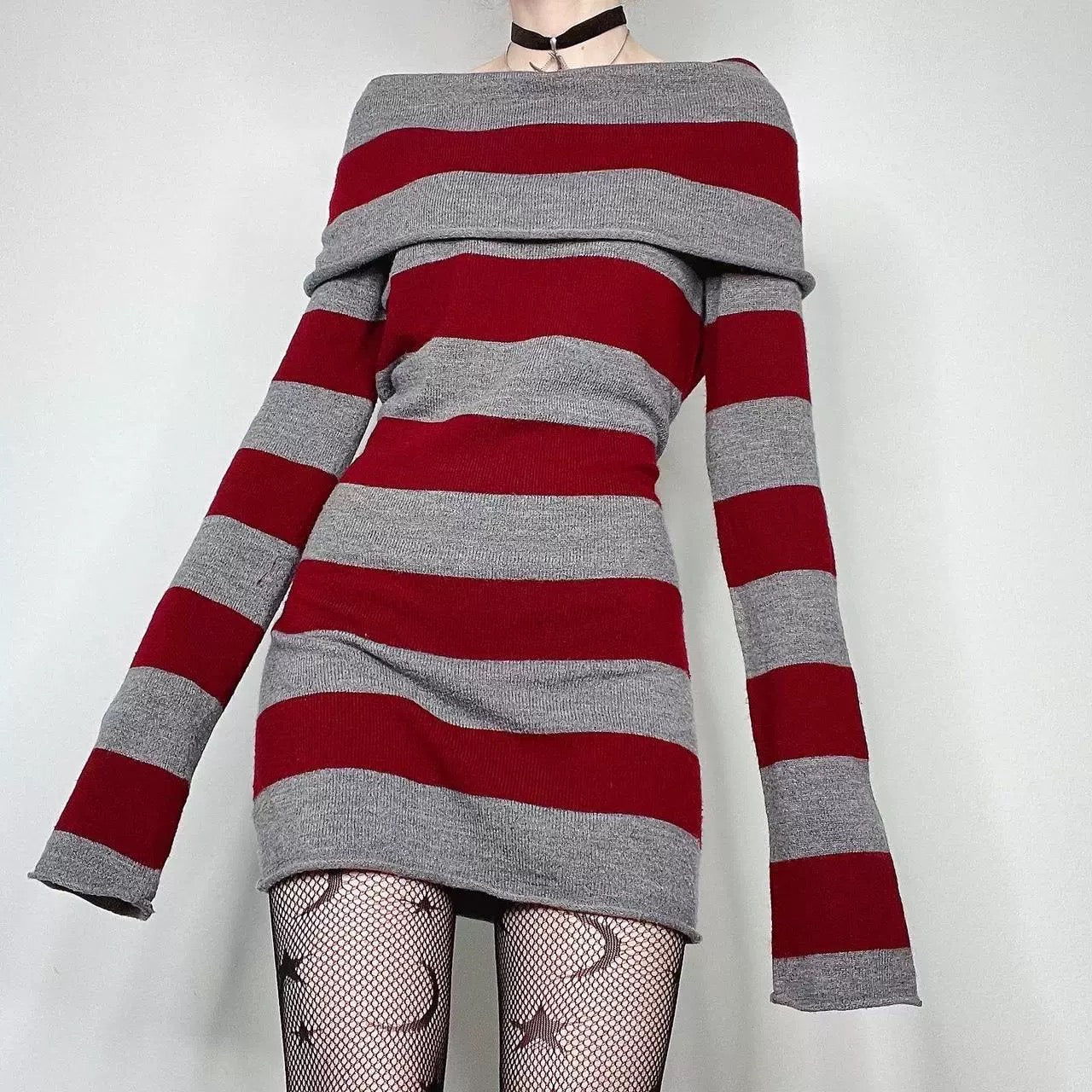 2023NEW STRIPE OFF SHOULDER SWEATER DRESS LL-680