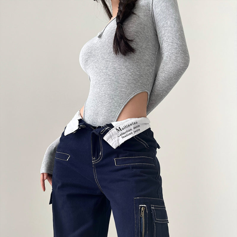 Retro loose contrasting straight-leg wide-leg cargo jeans trousers LL-678