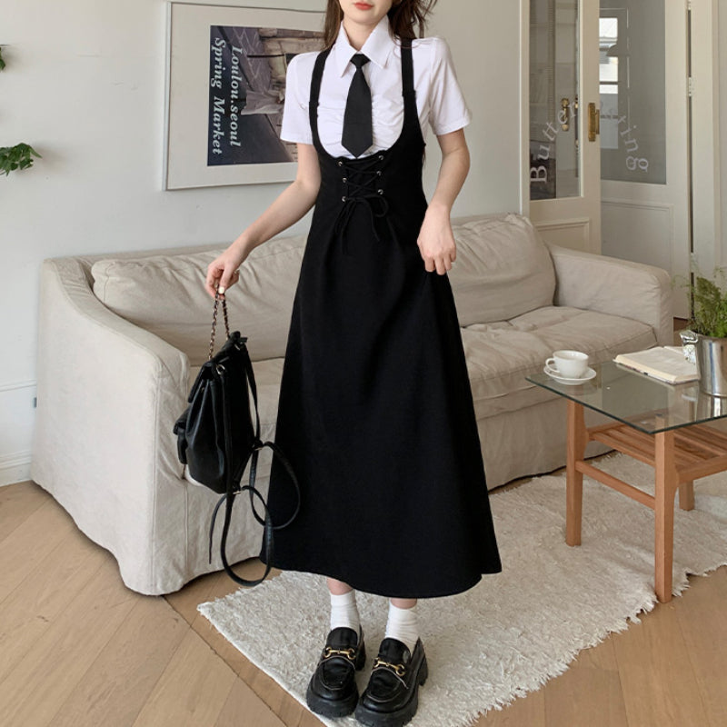 College suit summer new polo collar white shirt black dress LL-BYY-145